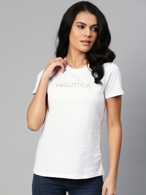 

Nautica Women White Brand Logo Printed Pure Cotton T-shirt