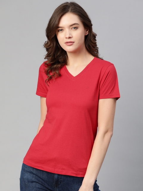 

Nautica Women Red Solid Pure Cotton V-Neck T-shirt