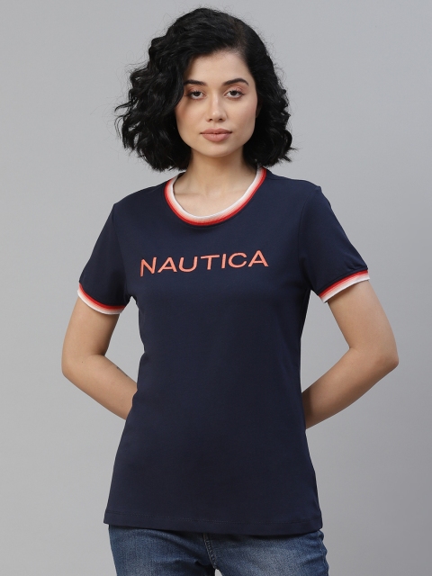 

Nautica Women Navy Blue Brand Logo Embroidered T-shirt