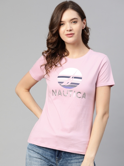 

Nautica Women Pink Brand Logo Printed Pure Cotton T-shirt