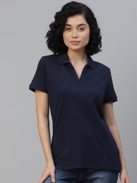

Nautica Women Navy Blue Solid Polo Collar T-shirt