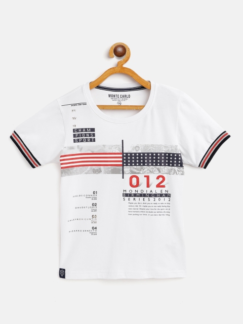 

Monte Carlo Boys White Navy Blue Printed Round Neck Pure Cotton T-shirt