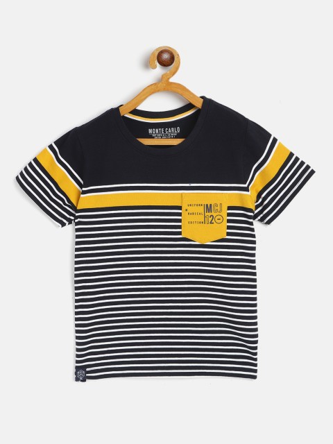 Monte Carlo Boys Black & Mustard Yellow Striped Round Neck T-shirt
