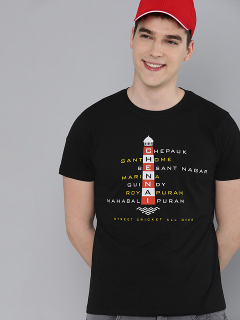 

HERENOW Men Black Printed Chennai Super Kings Round Neck Pure Cotton T-shirt