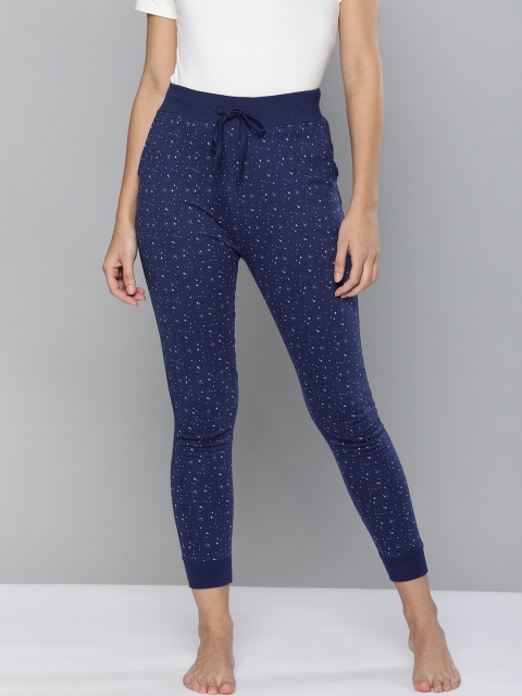 

HERE&NOW Women Navy Blue Printed Pure Cotton Cropped Lounge Pants