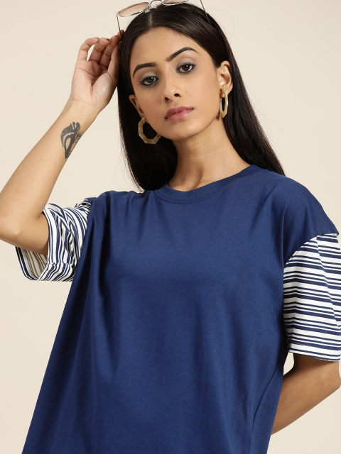 

Moda Rapido Women Navy Blue Pure Cotton Drop-Shoulder Sleeves Pure Cotton T-shirt