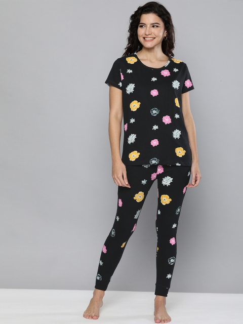 

HERE&NOW Women Black & Orange Floral Printed Night suit