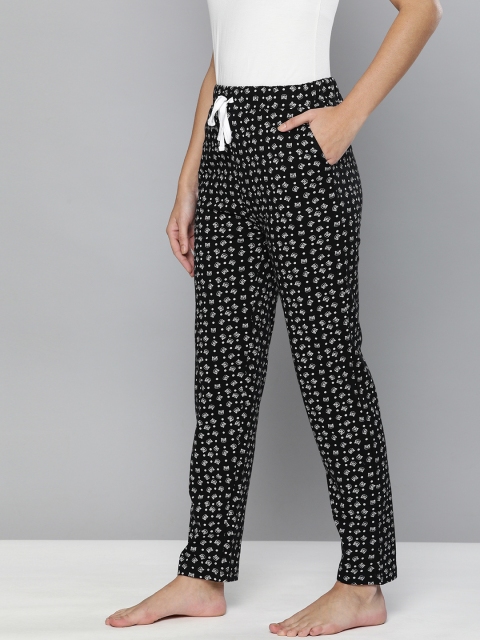 

HERE&NOW Women Black & White Printed Pure Cotton Lounge Pants