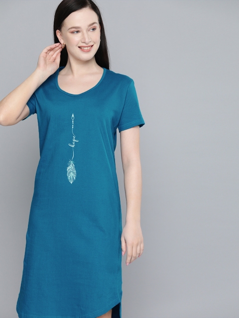 

HERE&NOW Women Blue Printed Pure Cotton Nightdress