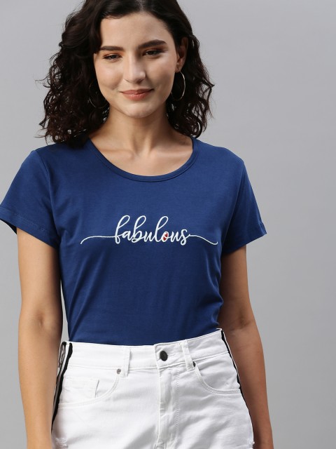 

HERENOW Women Navy Blue Typography Printed Pure Cotton T-shirt