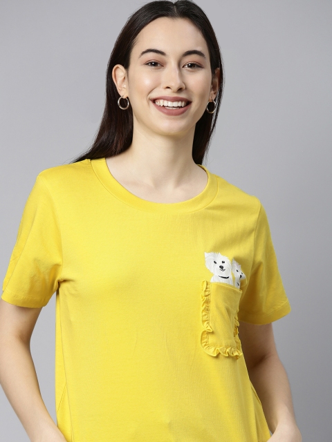 

HERENOW Women Yellow White Printed Pure Cotton T-shirt