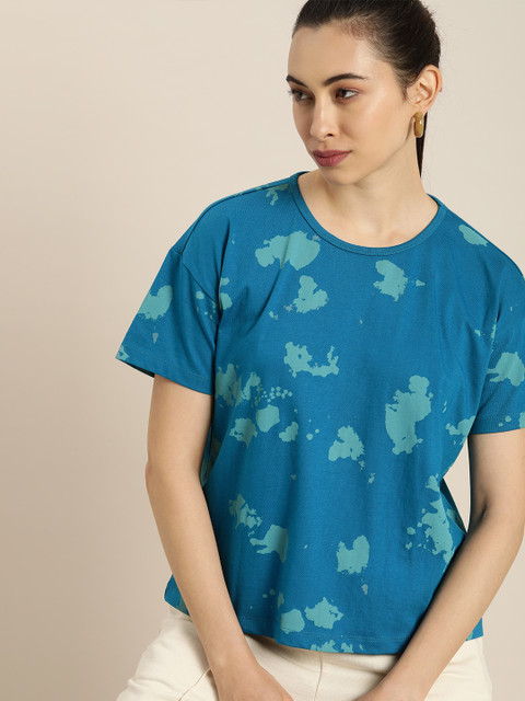 

Moda Rapido Women Teal Blue Sea Green Printed Drop-Shoulder Sleeves Pure Cotton T-shirt
