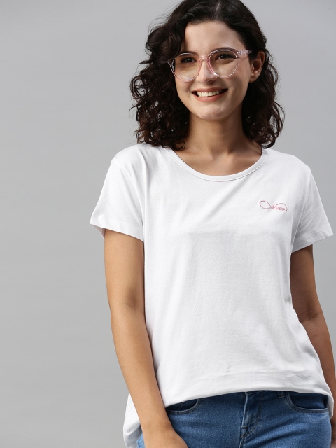 

HERE&NOW Women White Pure Cotton Embroidered T-shirt