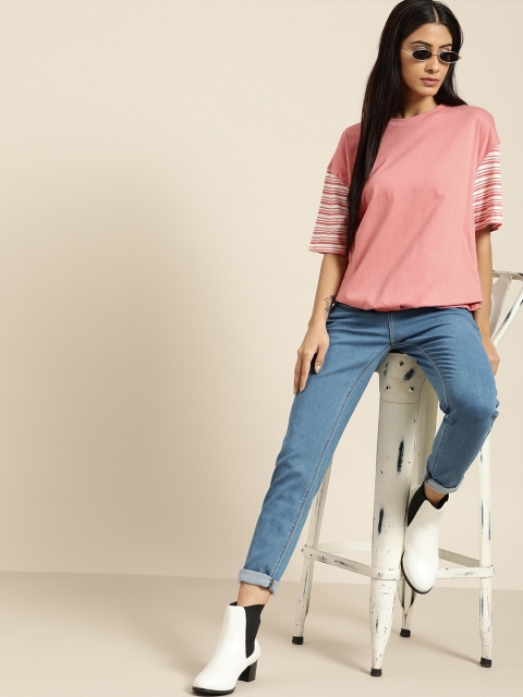 

Moda Rapido Women Dusty Pink Drop-Shoulder Sleeves Pure Cotton T-shirt