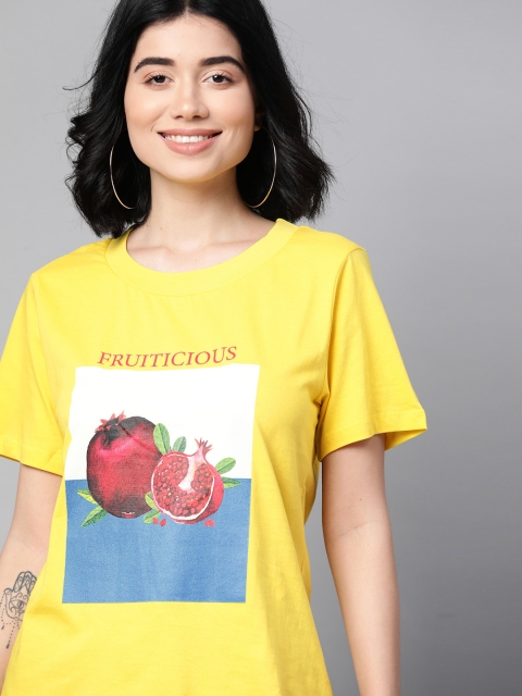 

HERE&NOW Women Yellow & Blue Printed Cotton T-shirt