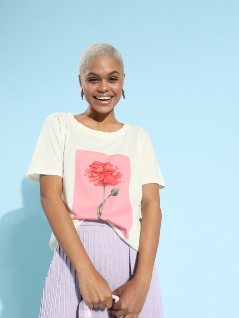 

Moda Rapido Women Pink Off-White Floral Print Pure Cotton T-shirt