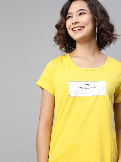 

HERE&NOW Women Yellow Typography Printed T-shirt