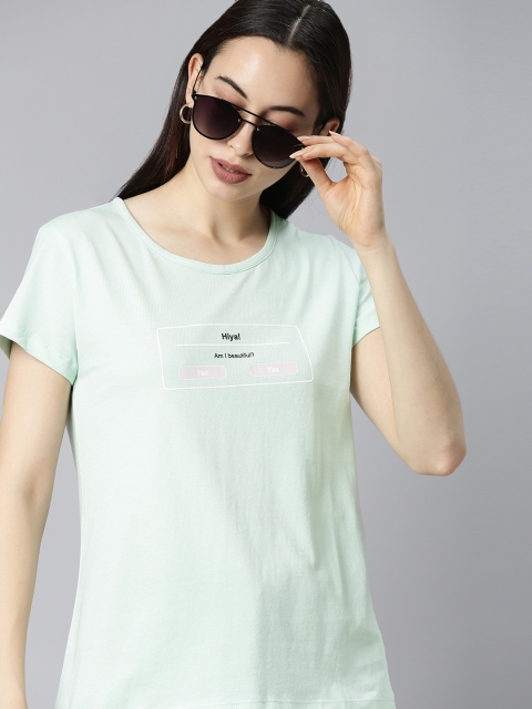 

HERE&NOW Women Sea Green & Black Typography Printed Pure Cotton T-shirt