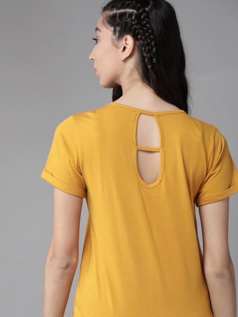 

Roadster Women Mustard Pure Cotton Solid Styled Back Top