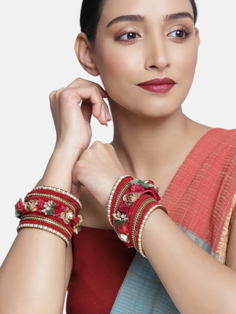 

Peora Set of 34 Gold-Plated Red Silk Thread Handcrafted Bangles