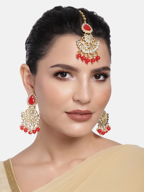 

Peora Gold Plated Red Kundan Chandbali Earrings & Maang Tikka Jewellery Set