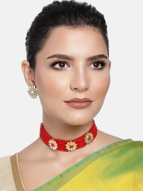 

Peora Red Gold Plated Beaded Kundan Handcrafted Jewellery Set