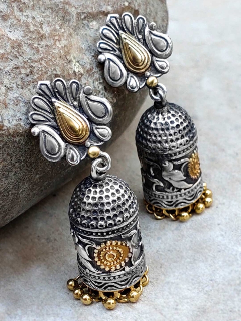 

Peora Silver-Plated & Gold-Toned Oxidised Antique Dome Shaped Jhumkas