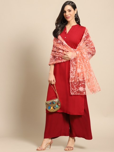 

Saadgi Coral Pink Aari Embroidered Net Dupatta