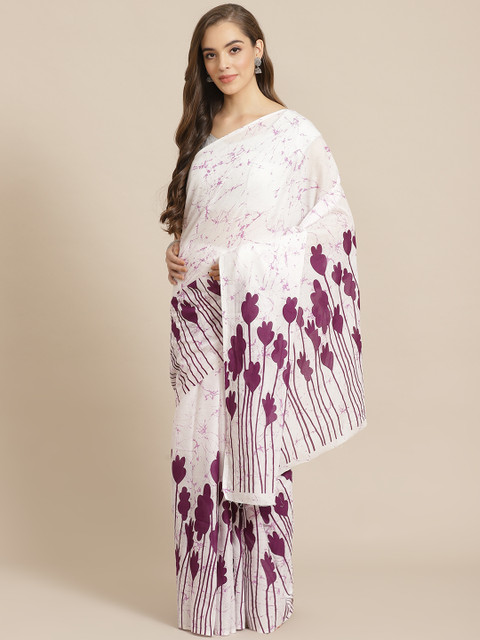 

Juniper Off-White & Purple Cotton Blend Printed Bagru Saree