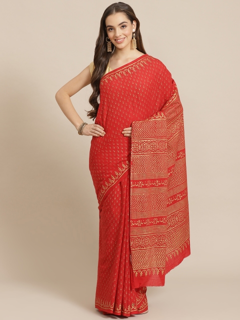 

Juniper Red & Golden Printed Bagru Saree