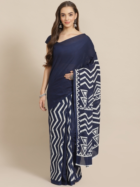 

Juniper Navy Blue & Off-White Cotton Blend Printed Bagru Saree