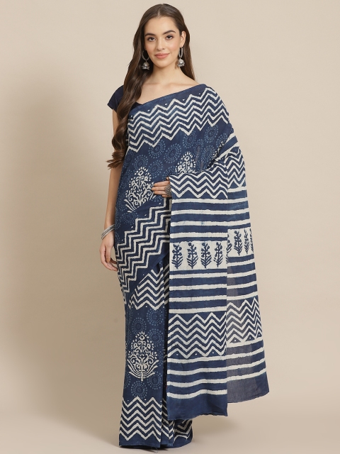 

Juniper Navy Blue & Off-White Printed Bagru Saree