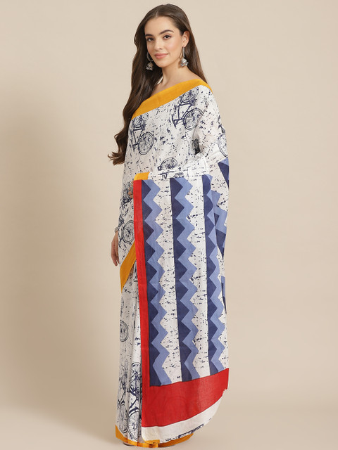 

Juniper Off-White & Blue Cotton Blend Printed Bagru Saree