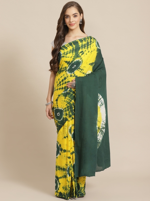 

Juniper Yellow & Green Cotton Blend Printed Bagru Saree