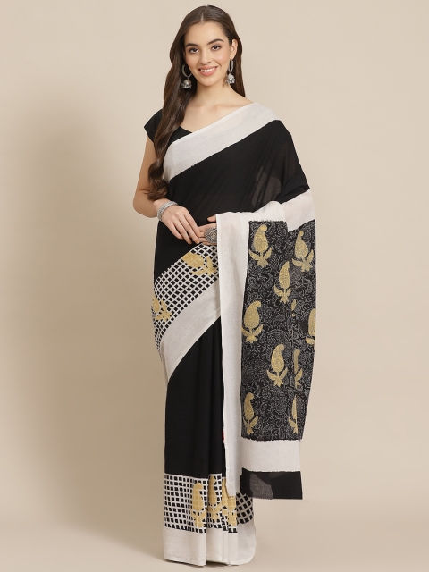 

Juniper Black & White Paisley Printed Bagru Saree