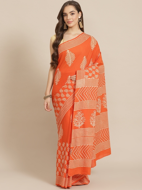 

Juniper Orange & Beige Cotton Blend Printed Bagru Saree