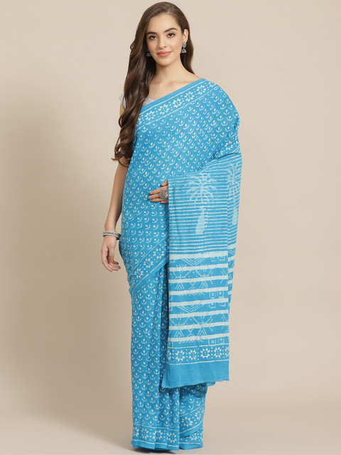 

Juniper Blue & White Printed Bagru Saree