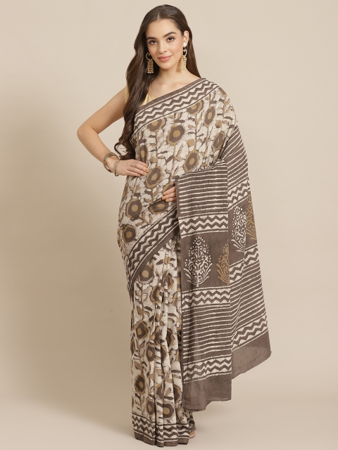 

Juniper Beige & Brown Cotton Blend Solid Bagru Saree