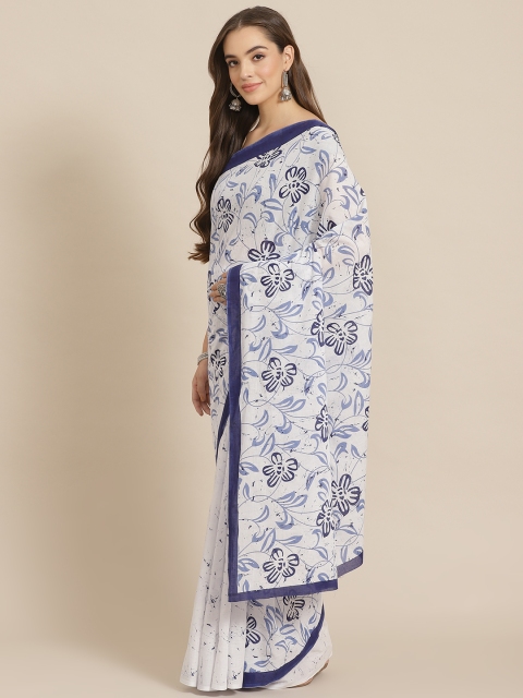 

Juniper Navy Blue & White Floral Printed Bagru Saree