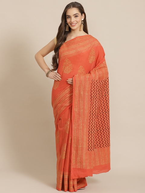 

Juniper Orange & Golden Cotton Blend Printed Bagru Saree