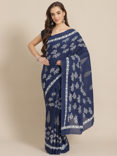 

Juniper Navy Blue & White Printed Bagru Saree