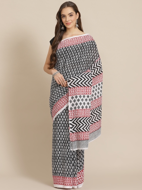 

Juniper Black & White Cotton Blend Printed Bagru Saree