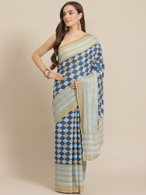 

Juniper Blue & Beige Checked Print Bagru Saree