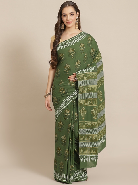 

Juniper Olive Green & White Cotton Blend Printed Mulmul Bagru Hand Block Saree