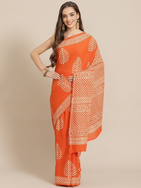 

Juniper Orange & Beige Cotton Blend Printed Bagru Saree