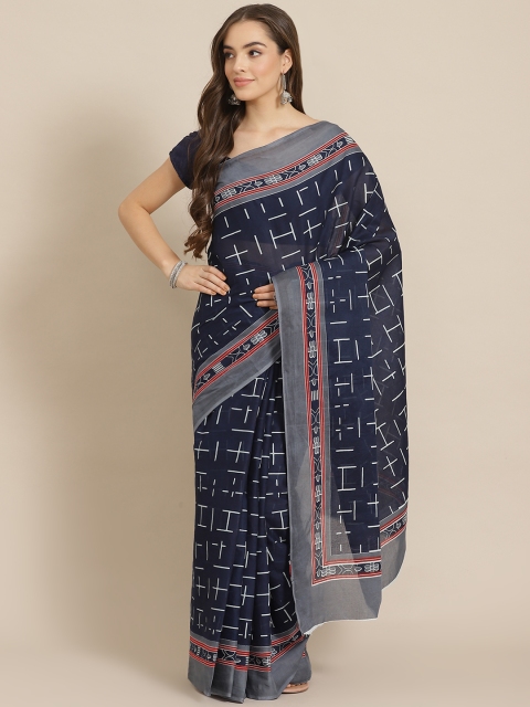 

Juniper Navy Blue & Off-White Cotton Blend Printed Bagru Saree