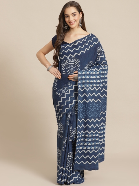 

Juniper Navy Blue & Off-White Cotton Blend Printed Bagru Saree