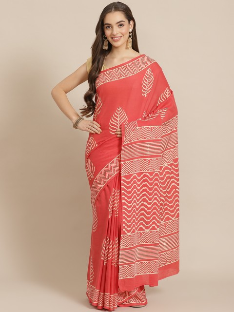 

Juniper Coral Orange & Beige Cotton Blend Printed Bagru Saree
