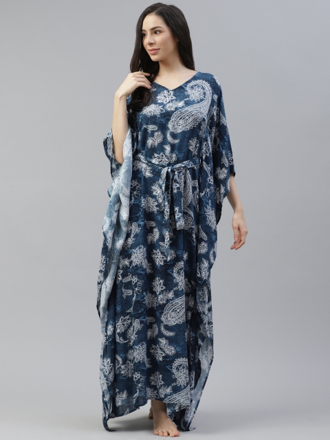 

Cottinfab Navy Blue & Off White Printed Kimono Maxi Nightdress