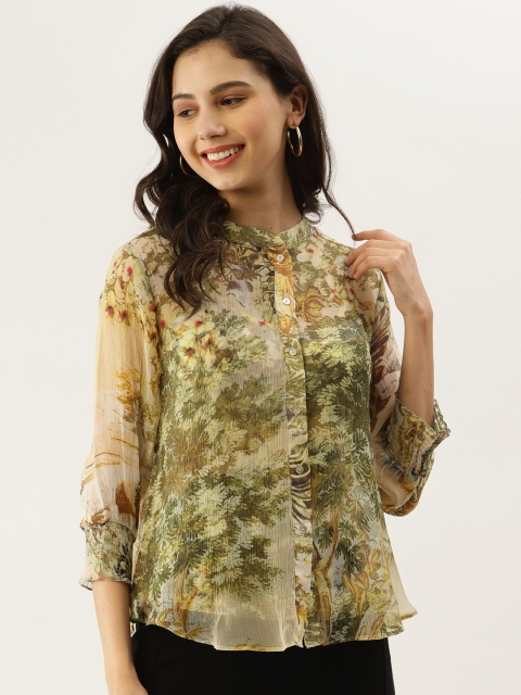 

Label Ritu Kumar Women Beige & Olive Green Floral Printed Casual Shirt